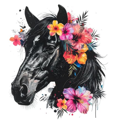 Obrázek produktu Dámské tričko Černý Kůň s Tropickými Květinami