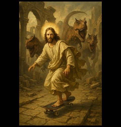 Obrázek produktu Dětské tričko Ježíš na Skateboardu Útěk před Dinosaury