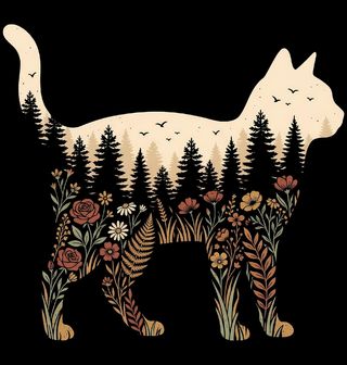 Obrázek 2 produktu Pánské tričko Silueta Kočky s Lesní Krajinou