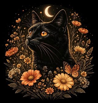Obrázek 2 produktu Dětské tričko Černá Kočka Měsíc a Oranžové Květy