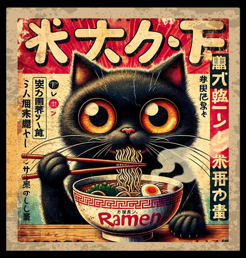 Obrázek produktu Dámské tričko Japonský Plakát Černá Kočka a Ramen