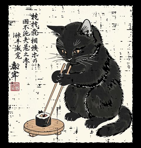 Obrázek produktu Pánská mikina Černá Kočka se Sushi Ukiyo-e Art
