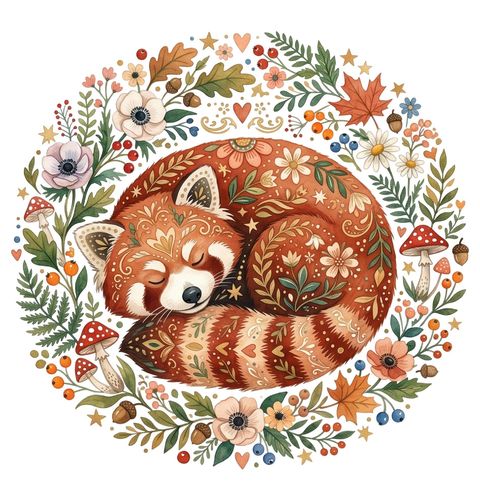 Obrázek produktu Dámské tričko Spící Červená Panda s Květinami Folk