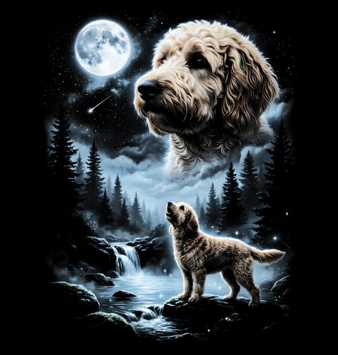 Obrázek produktu Pánské tričko Goldendoodle pod Měsícem u Lesní Řeky
