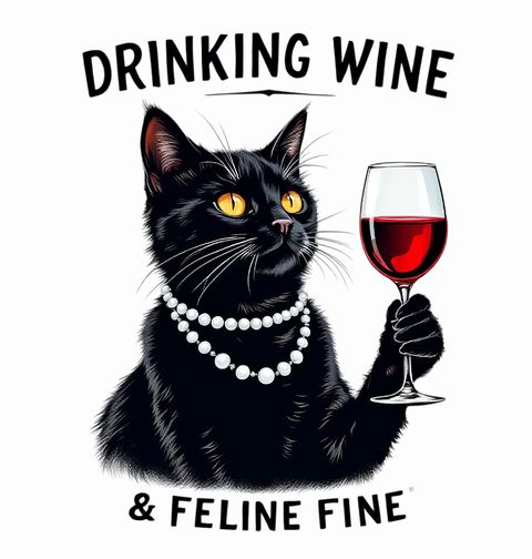 Obrázek produktu Dámské tričko Černá Kočka Dáma Drinking Wine & Feline Fine