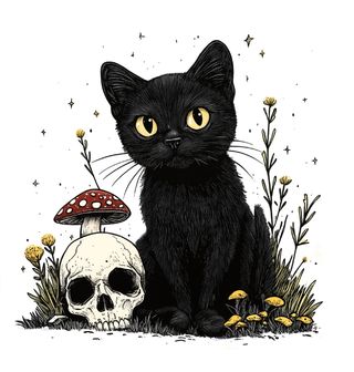 Obrázek 2 produktu Pánské tričko Magická Černá Kočka s Lebkou a Muchomůrkou