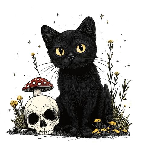 Obrázek produktu Pánské tričko Magická Černá Kočka s Lebkou a Muchomůrkou