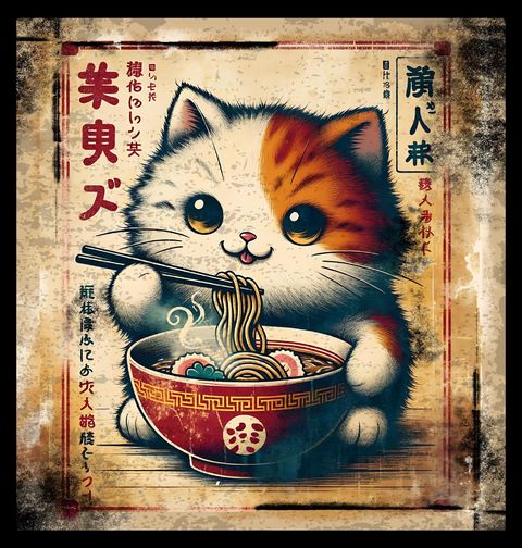 Obrázek produktu Dámské tričko Retro Plakát Kočka a Horký Ramen