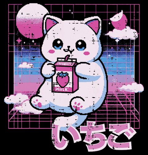 Obrázek produktu Dětské tričko Kočka a Jahodové Mléko Vaporwave 80s