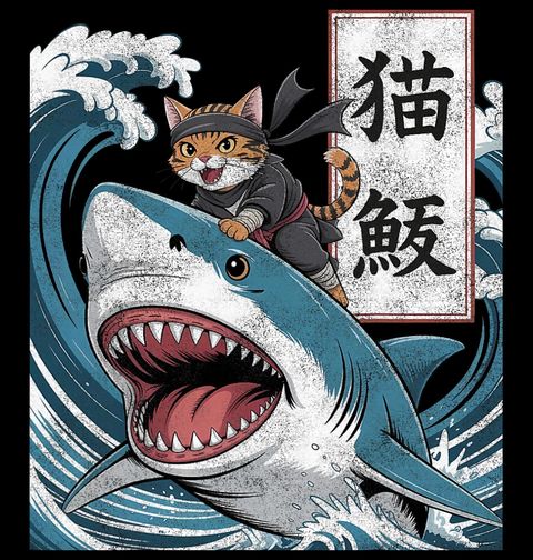 Obrázek produktu Pánské tričko Ninja Kočka na Žralokovi Ukiyo-e Art