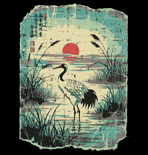 Obrázek produktu Dětské tričko Jeřáb Mandžuský při Západu Slunce Ukiyo-e Art