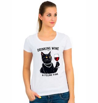 Obrázek 1 produktu Dámské tričko Černá Kočka Dáma Drinking Wine & Feline Fine