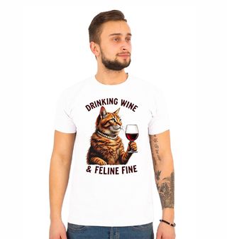 Obrázek 1 produktu Pánské tričko Oranžová Kočka Drinking Wine & Feline Fine