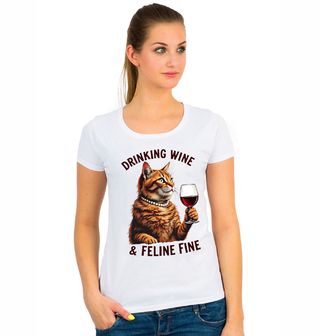 Obrázek 1 produktu Dámské tričko Oranžová Kočka Drinking Wine & Feline Fine