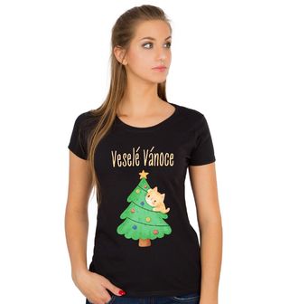 Obrázek 1 produktu Dámské tričko Vánoční Kočka na Stromečku Veselé Vánoce