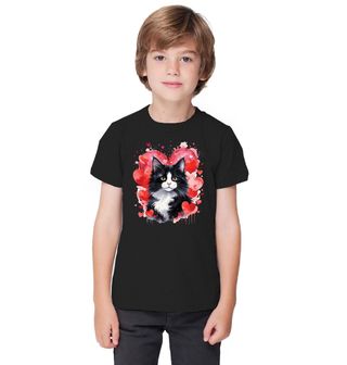 Obrázek 1 produktu Dětské tričko Černobílá Kočka Tuxedo mezi Srdci