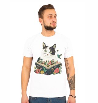 Obrázek 1 produktu Pánské tričko Kouzelná Kočka s Knihou a Ptáčky