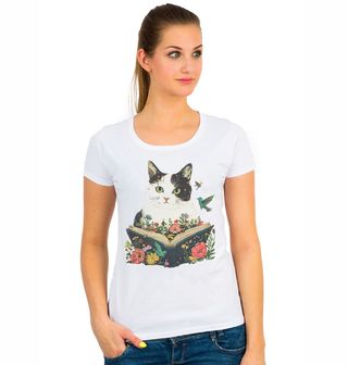 Obrázek 1 produktu Dámské tričko Kouzelná Kočka s Knihou a Ptáčky