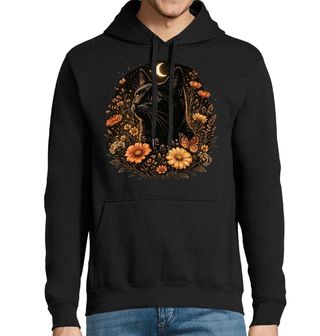 Obrázek 1 produktu Pánská mikina Černá Kočka Měsíc a Oranžové Květy