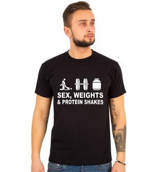 Obrázek 1 produktu Pánské tričko Sex, Váhy a Proteinové Shaky Sex Weights and Protein Shakes
