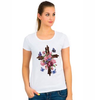 Obrázek 1 produktu Dámské tričko Dřevěný kříž, motýli a růže
