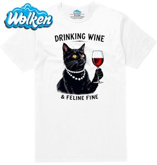 Pánské tričko  Černá Kočka Dáma Drinking Wine & Feline Fine.jpg