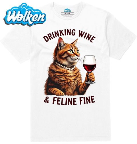 Obrázek produktu Pánské tričko Oranžová Kočka Drinking Wine & Feline Fine