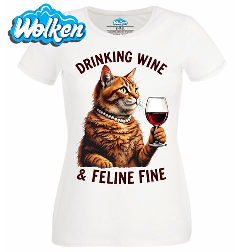 Obrázek produktu Dámské tričko Oranžová Kočka Drinking Wine & Feline Fine