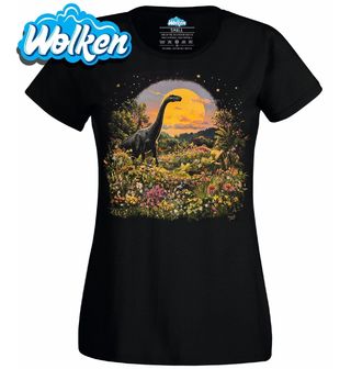 Dámské tričko Brachiosaurus v květinové džungli.jpg