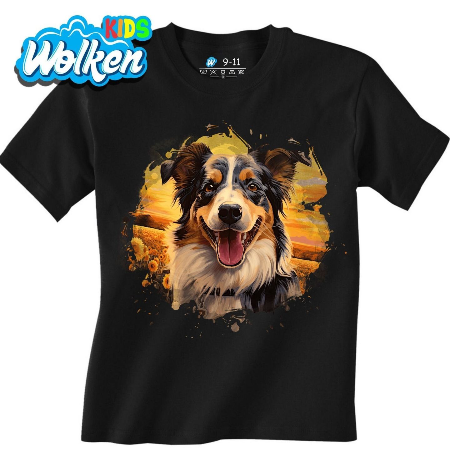 Dětské tričko Australský ovčák v Poli Slunečnic.jpg