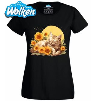 Dámské tričko Vyhřívající se Kočka mezi Slunečnicemi.jpg