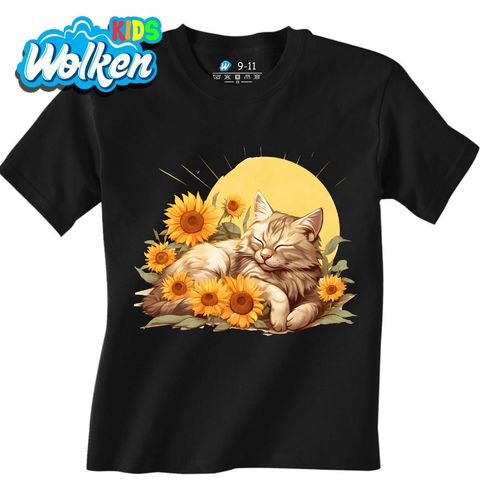 Obrázek produktu Dětské tričko Vyhřívající se Kočka mezi Slunečnicemi