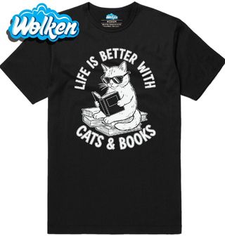Pánské tričko Kočka s Knihou Life is better with cats & books.jpg