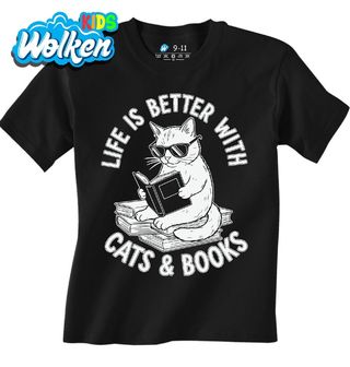 Dětské tričko Kočka s Knihou Life is better with cats & books.jpg