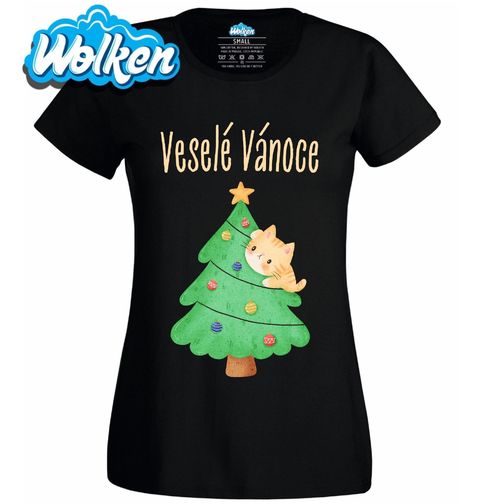 Obrázek produktu Dámské tričko Vánoční Kočka na Stromečku Veselé Vánoce