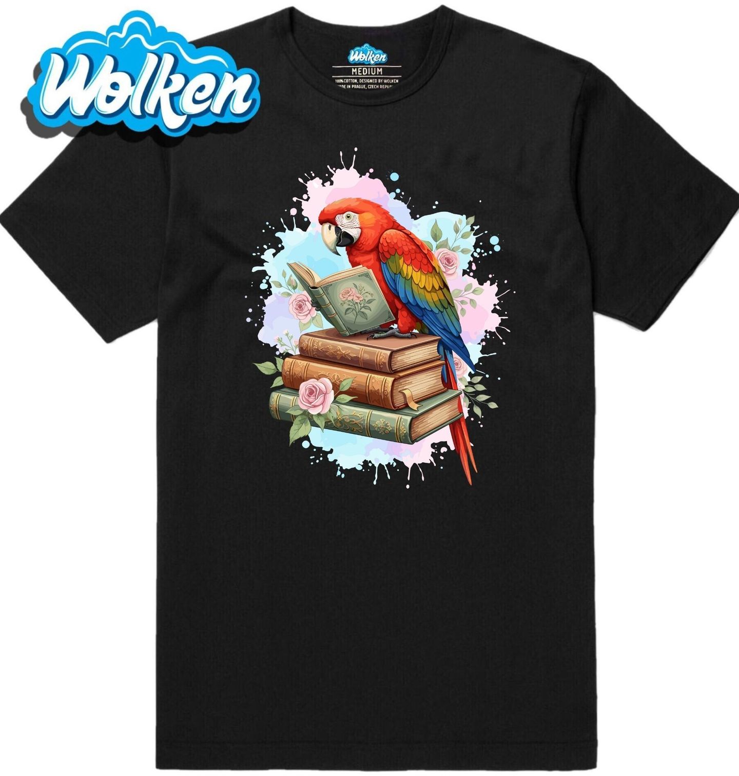 Pánské tričko Papoušek Ara červený mezi Knihami.jpg