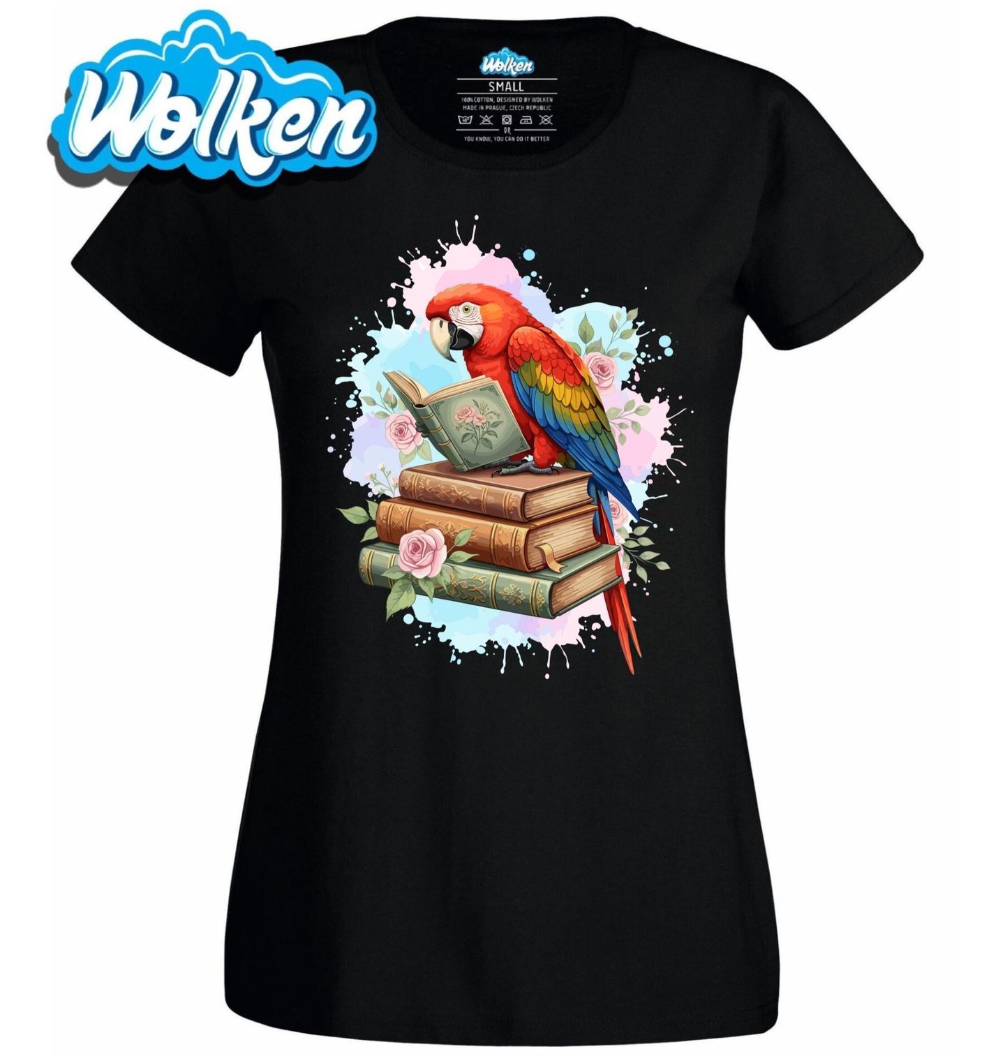 Dámské tričko Papoušek Ara červený mezi Knihami.jpg