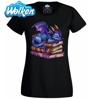 Dámské tričko Spící Fialový Drak na Knihách.jpg