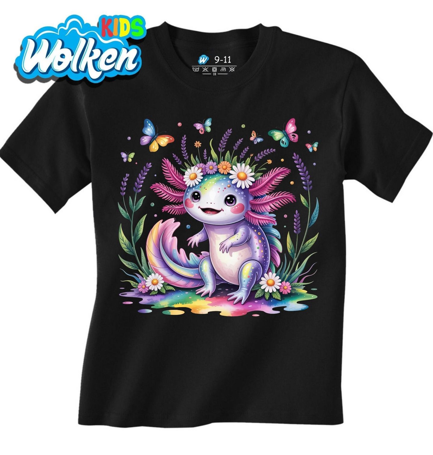 Dětské tričko Duhový Axolotl v Říši Motýlů a Květin.jpg