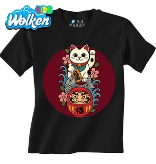 Dětské tričko Japonská Kočka pro Štěstí a Soška Daruma.jpg