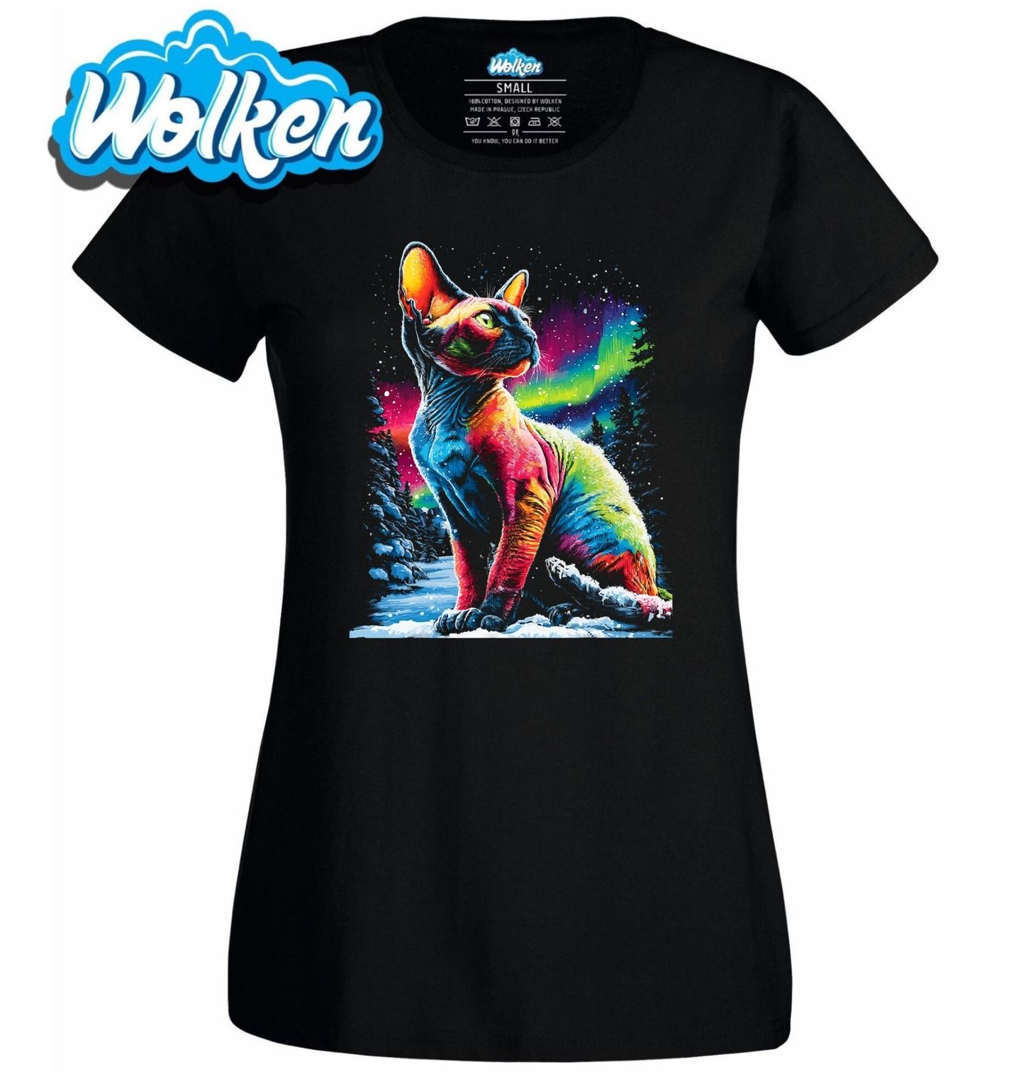 Dámské tričko Bezsrstá Kočka Sphynx pod Polární Září.jpg