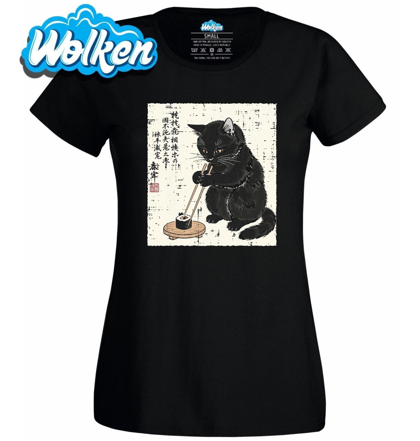 Dámské tričko Černá Kočka se Sushi Ukiyo-e Art.jpg