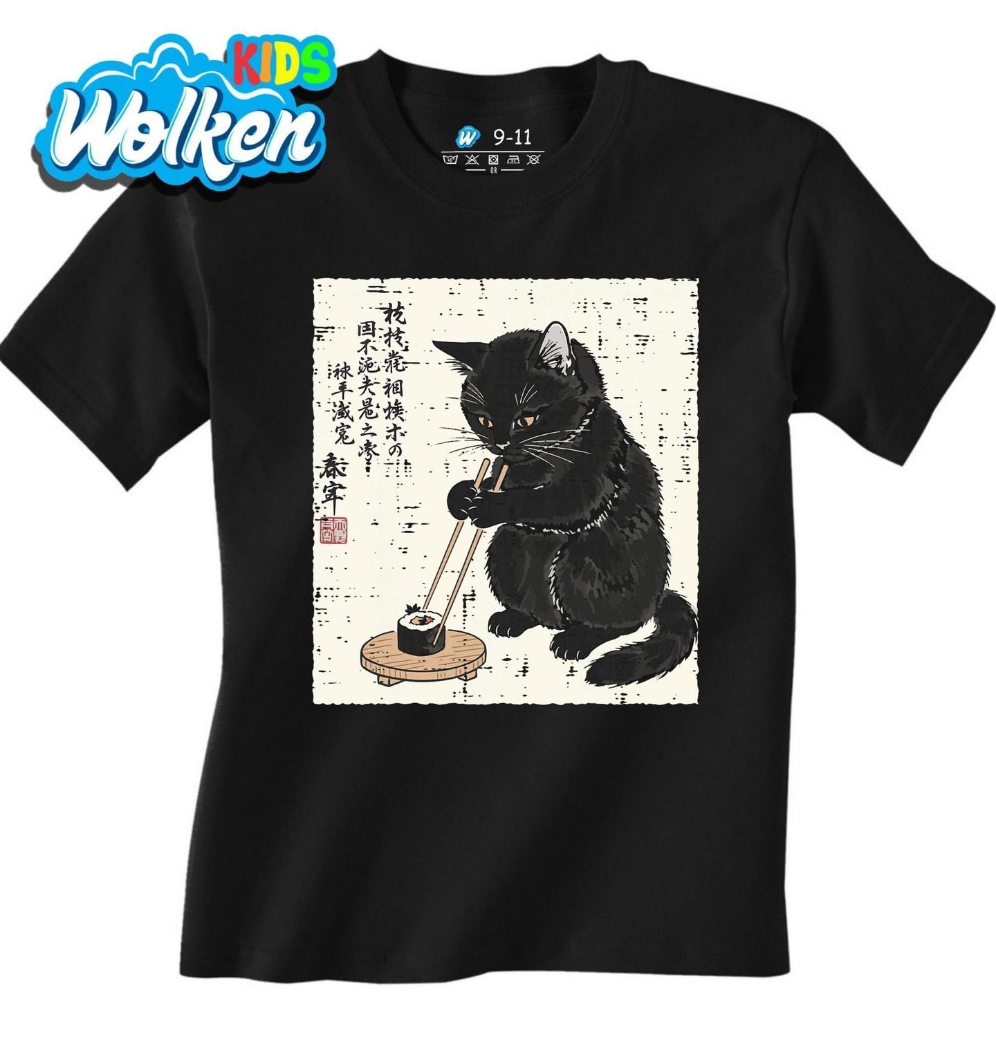 Dětské tričko Černá Kočka se Sushi Ukiyo-e Art.jpg