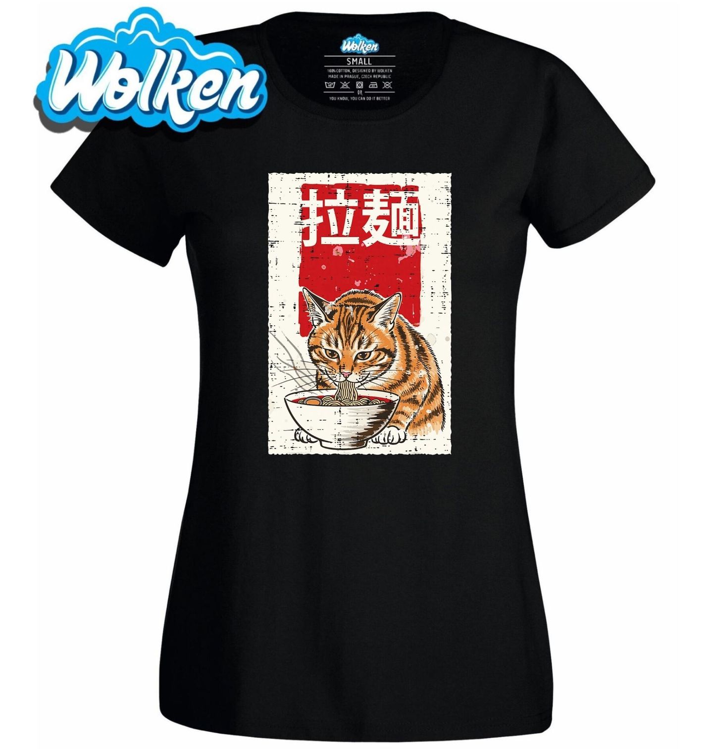 Dámské tričko Oranžová Kočka a Miska Ramen Nudlí.jpg