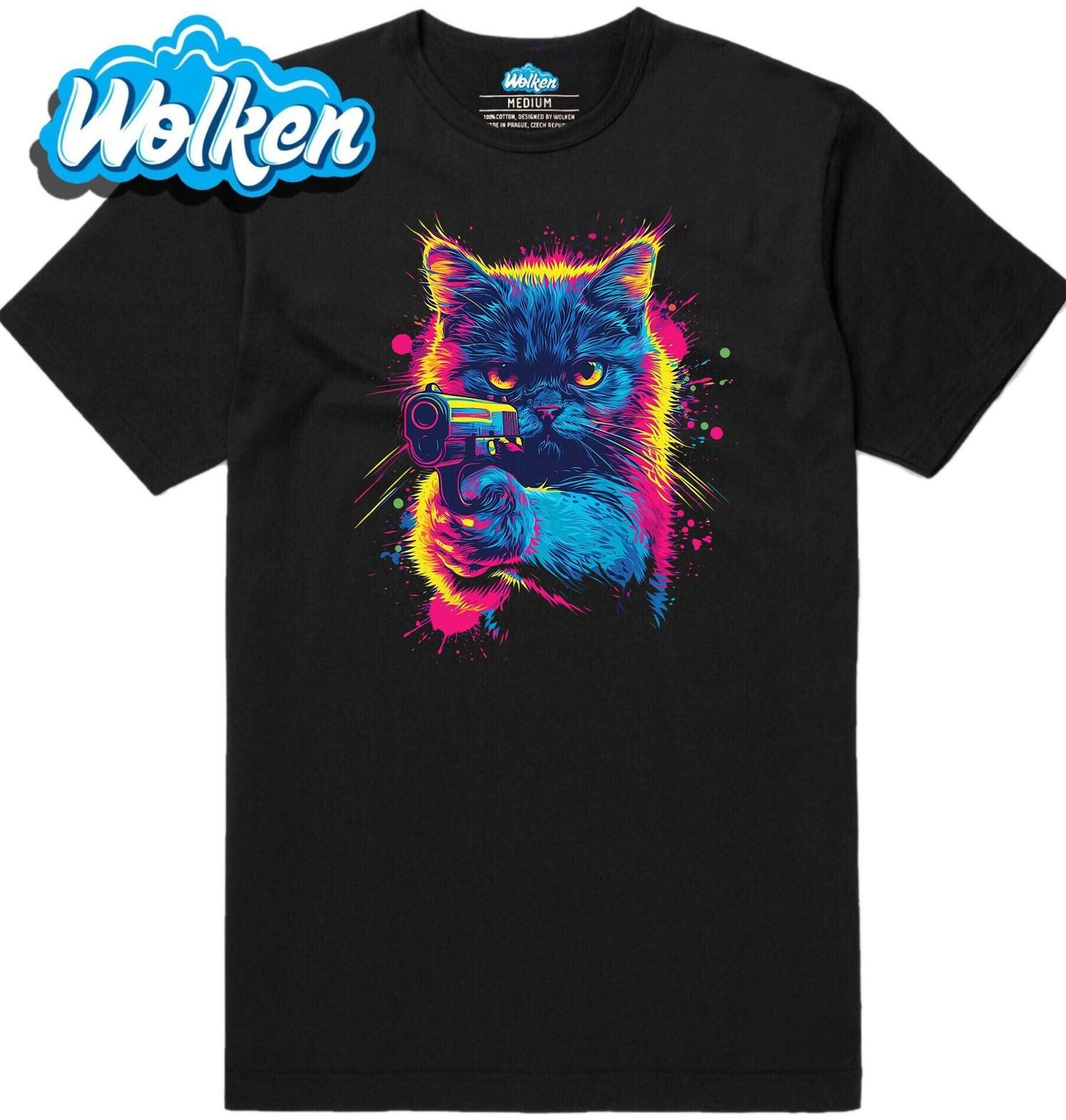 Pánské tričko Neonová kočka s Pistolí.jpg