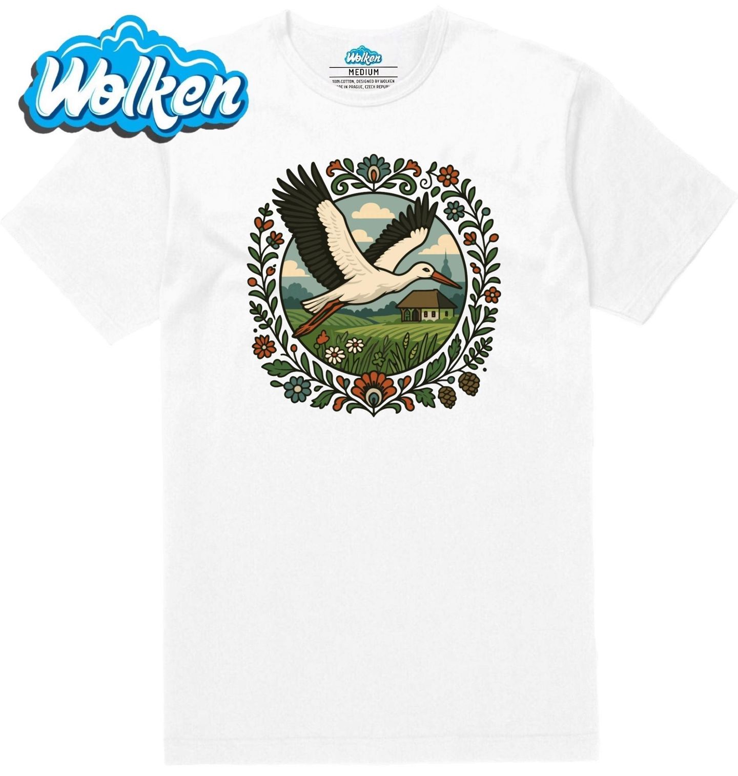 Pánské tričko  Čáp bílý nad českým Venkovem Folk.jpg