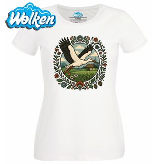 Dámské tričko  Čáp bílý nad českým Venkovem Folk.jpg