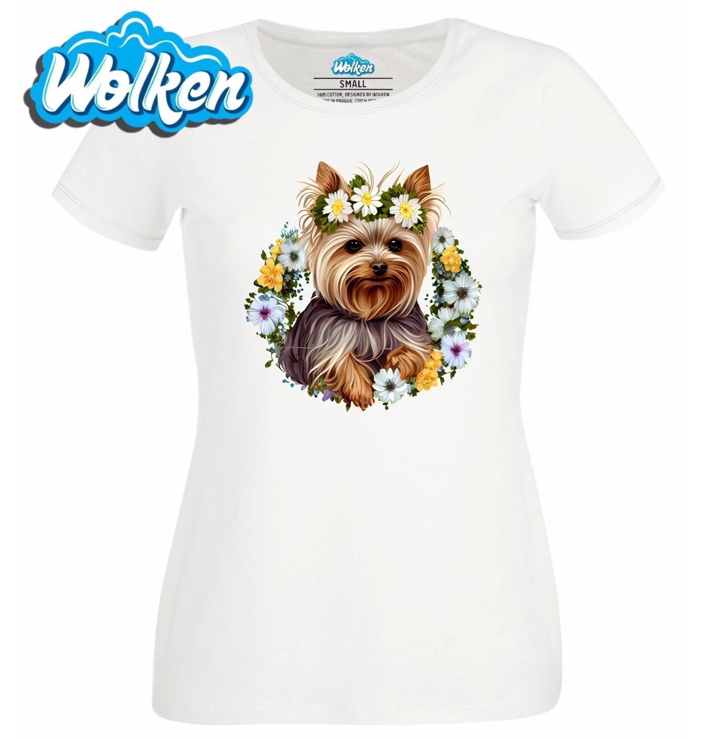 Dámské tričko  Jorkšírský teriér v Květinovém Věnci.jpg