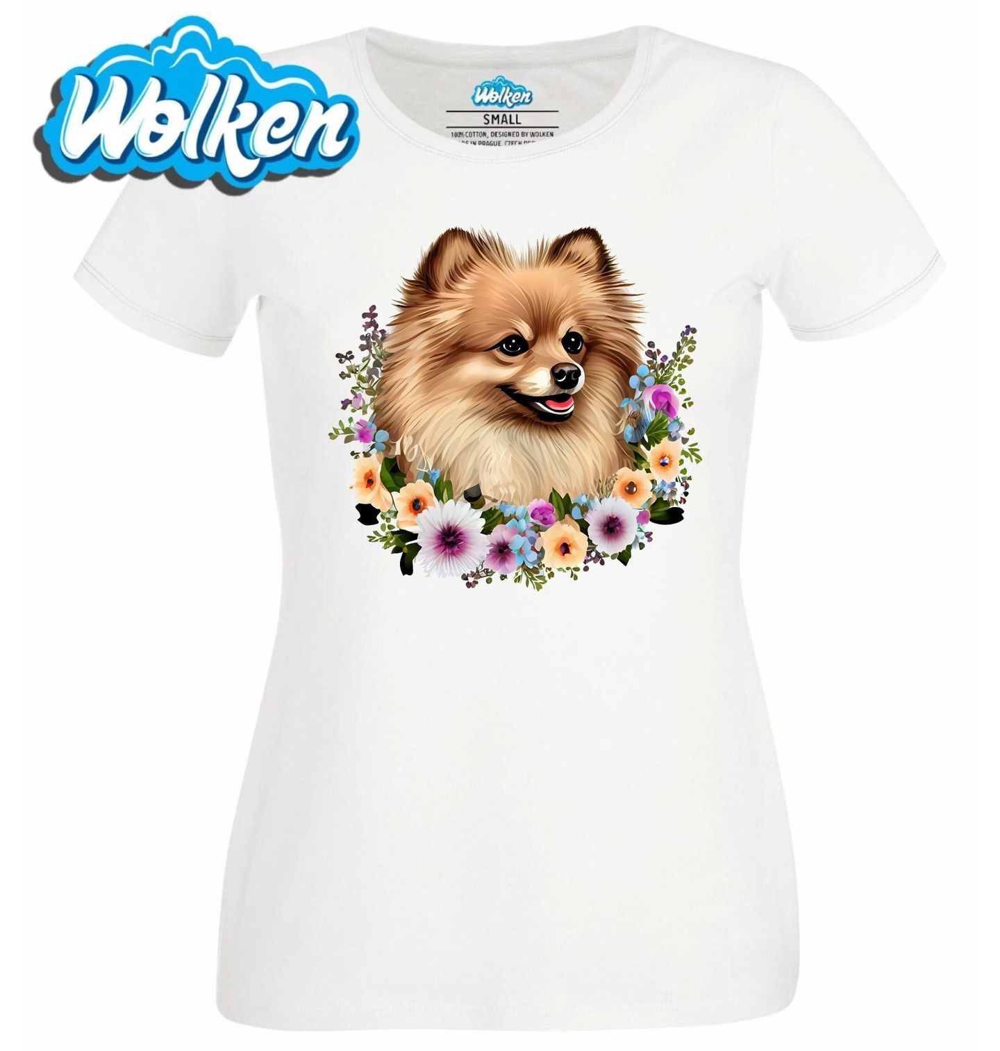 Dámské tričko  Pomeranian v Květinovém Věnci.jpg