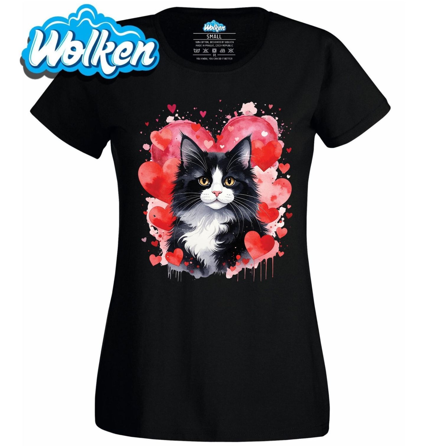 Dámské tričko Černobílá Kočka mezi Srdci.jpg
